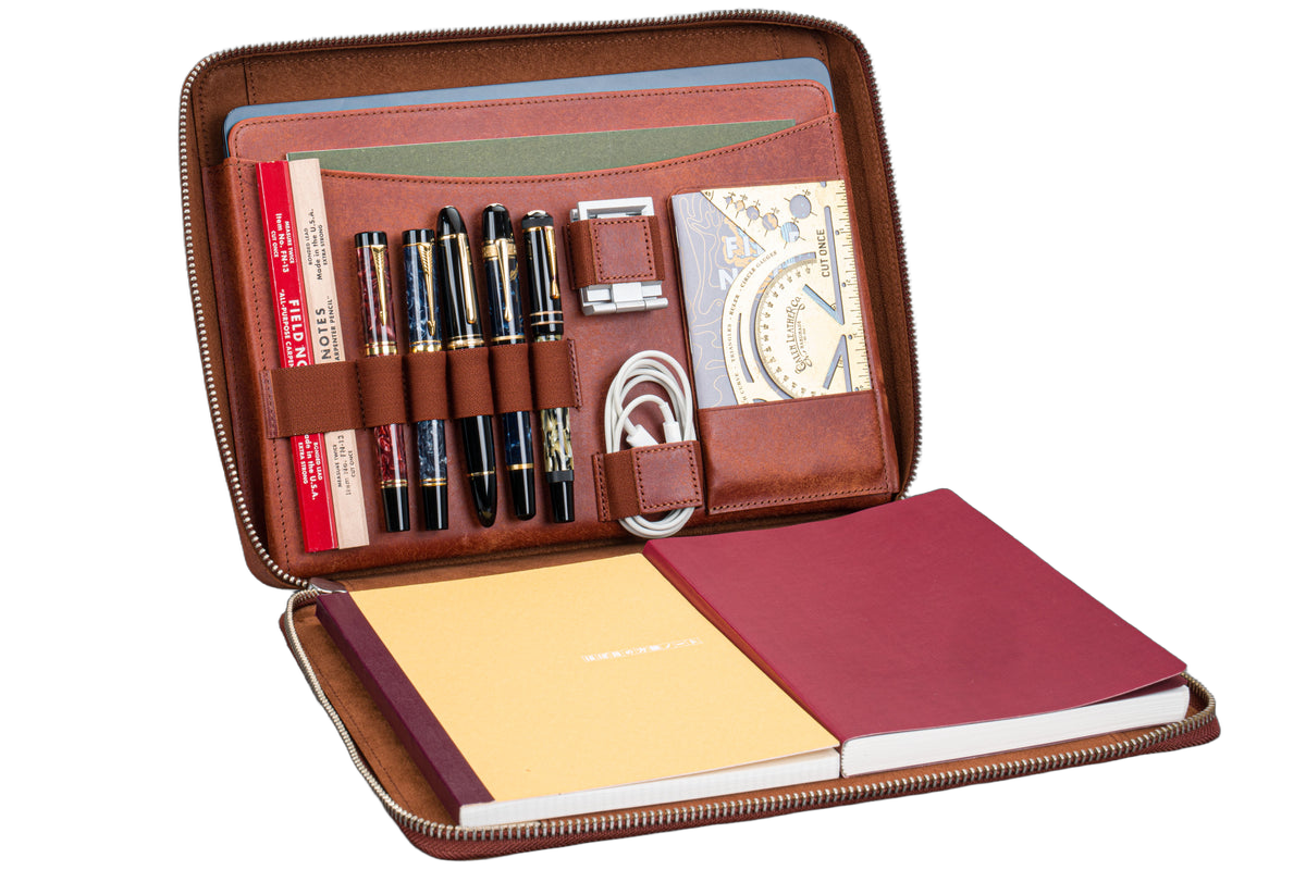 Galen Leather Co. Leather Compendium Bag - A4 Zippered Folio Organizer - Aged Copper
