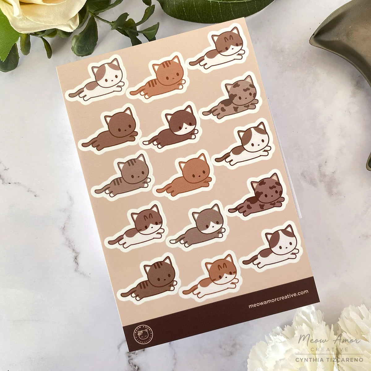 Meow Amor Creative Sticker Sheet - Mocha Laying Cats