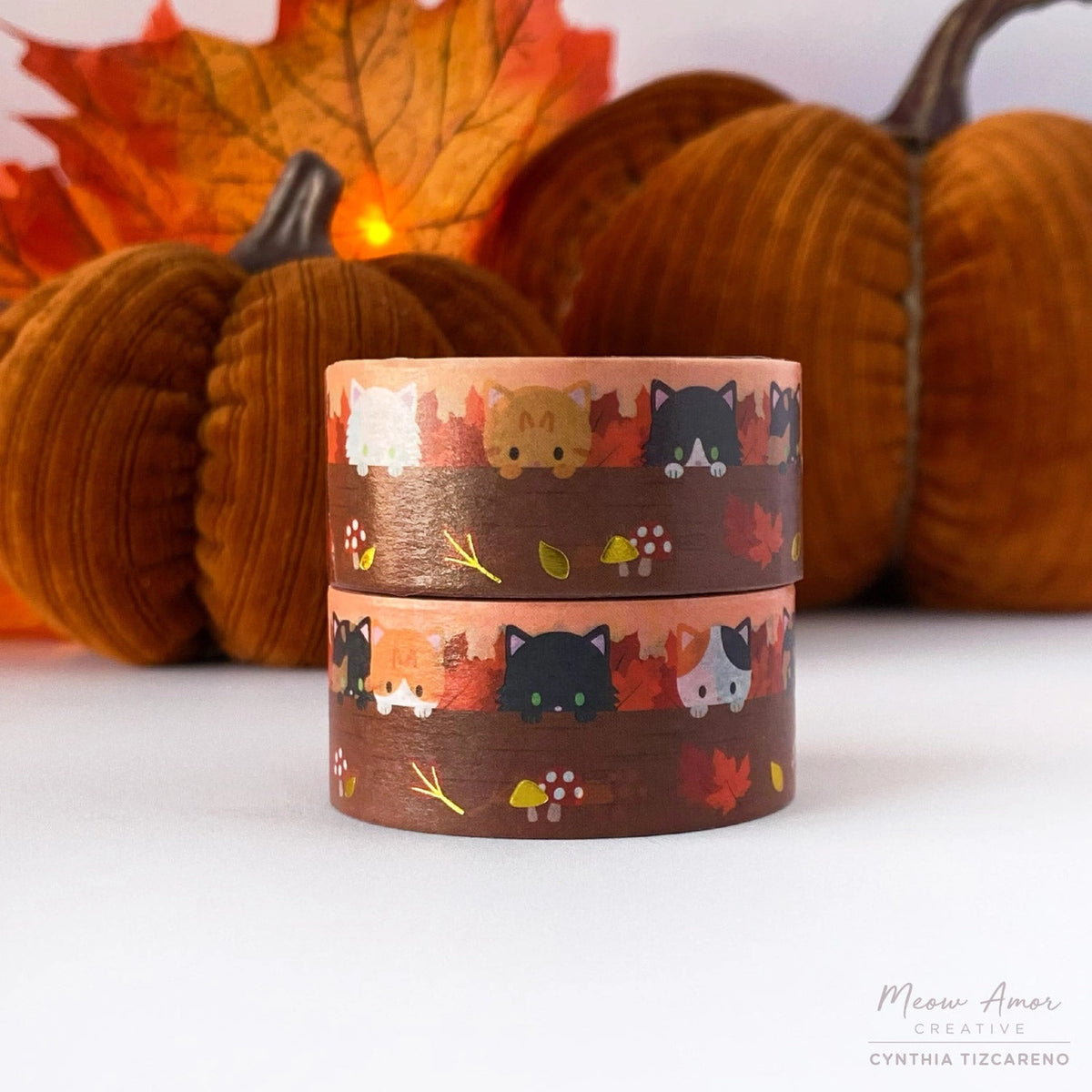 Meow Amor Creative Washi Tape - Autumn Woodland Cats Gold Foil