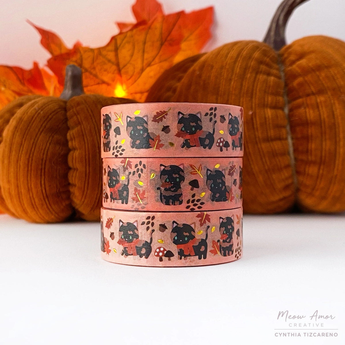 Meow Amor Creative Washi Tape - Autumn Tortie Cat Gold Foil