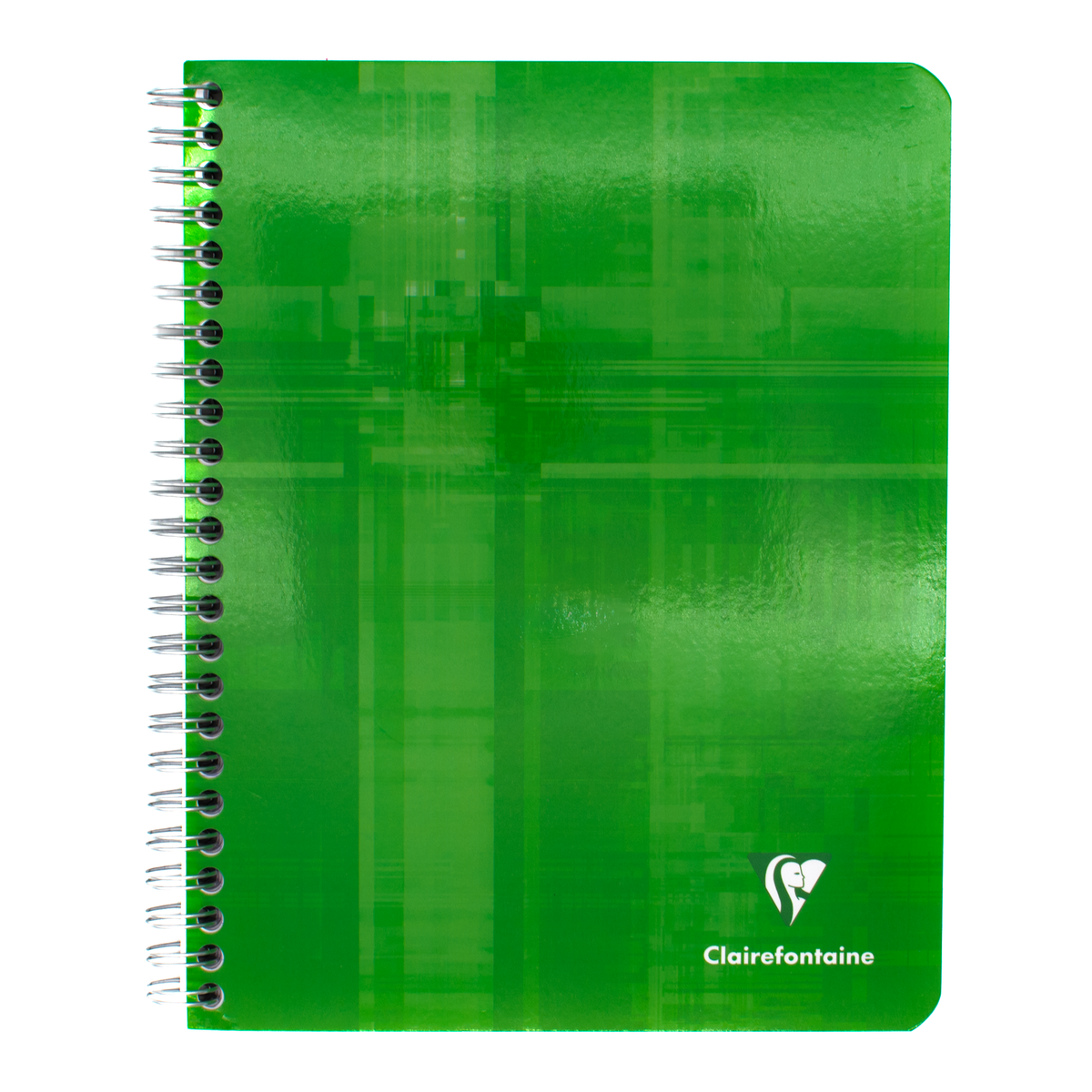 A green spiral-bound notebook with a glossy abstract design featuring the Clairefontaine logo in the bottom right corner on a white background.