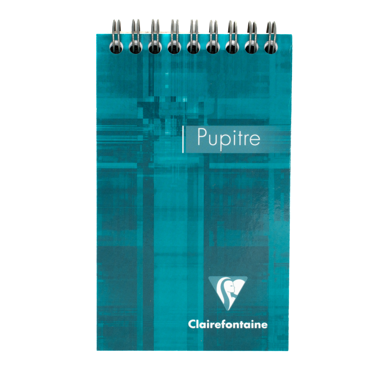 A teal top wire bound notepad with text that says 'Pupitre' and the Clairefontaine logo located in the bottom right corner of the cover.