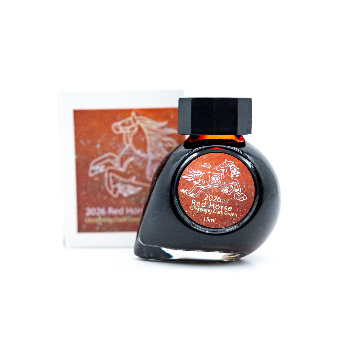 A 15ml bottle of 2026 Red Horse ink in glistening dark green by Colorverse shown with its product packaging card on a clean white background.
