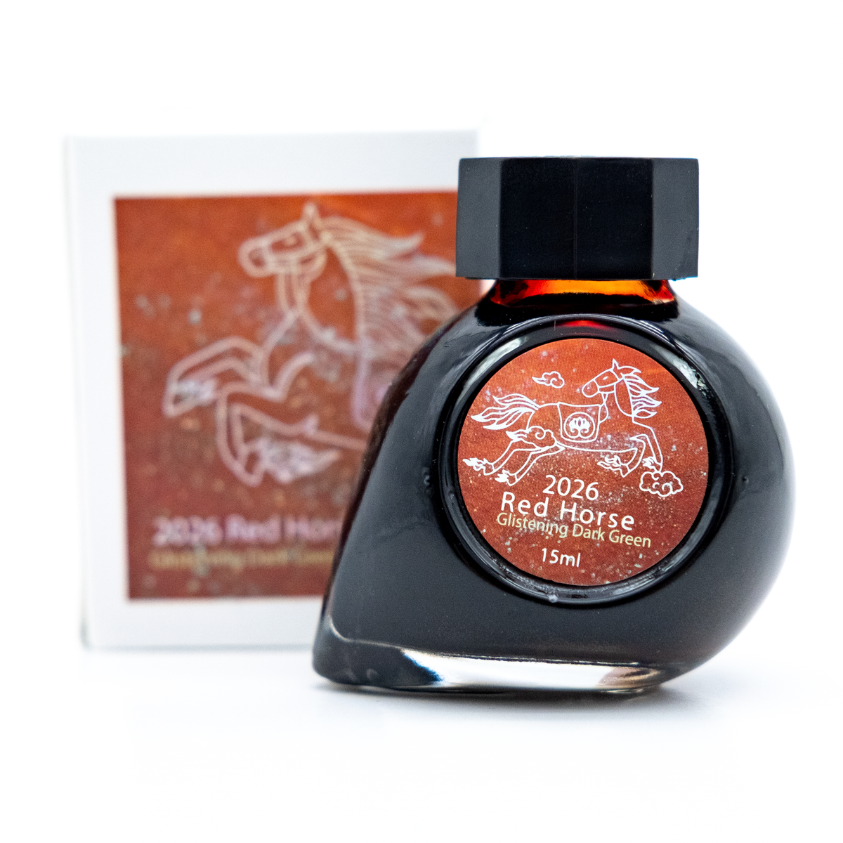 A 15ml bottle of 2026 Red Horse ink in glistening dark green by Colorverse shown with its product packaging card on a clean white background.