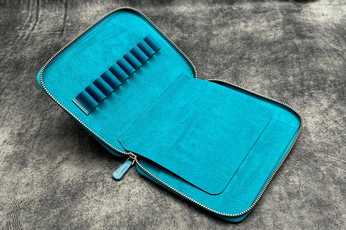Galen Leather Co. Zippered 20 Slot Pen Case - Crazy Horse Ocean Blue