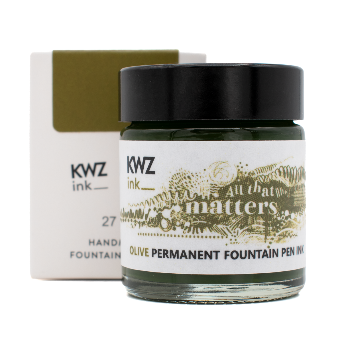 30 ml bottle of KWZ 'All That Matters' olive permanent ink in front of the product box with a white background.
