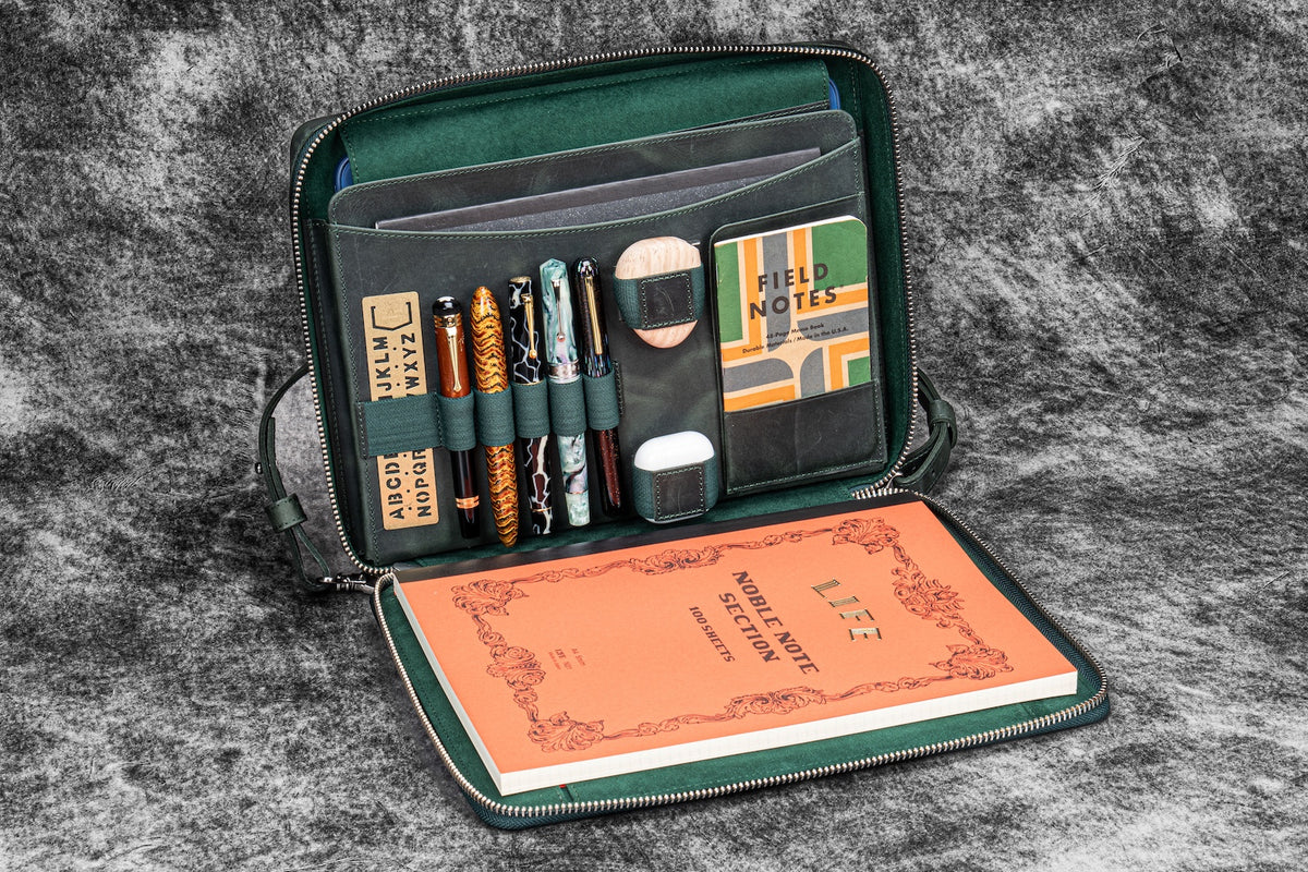 Galen Leather Co. Leather Compendium Bag - A4 Zippered Folio Organizer - Crazy Horse Green