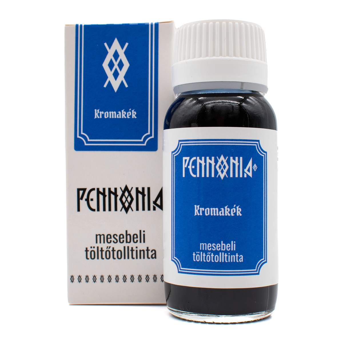 A bottle of 'Kromakék' Pennonia ink next to its white and blue packaging box on a white background.