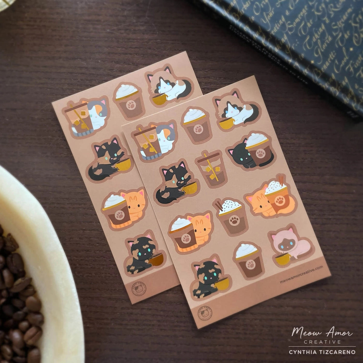 Meow Amor Creative Sticker Sheet - Coffee Cats Gold Foil