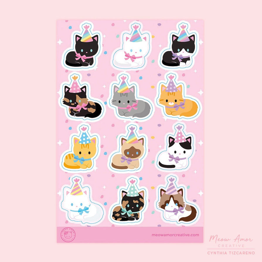 Meow Amor Creative Sticker Sheet - Party Cats
