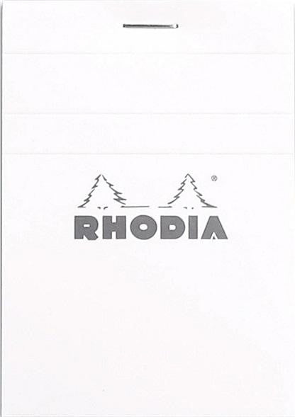 #11 top staplebound notepad with a white cover, from Rhodia. Measures 3 x 4" 80 Sheets (160 Pages) Available in Lined & Graph White Acid-Free Paper Paper Weight: 80 GSM