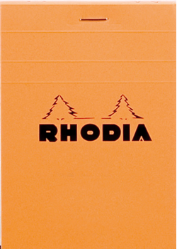 #12 top staplebound notepad with an orange cover, from Rhodia. Measures 3 ⅜ x 4 ¾" 80 Sheets (160 Pages) Available in Lined, Dot & Graph White Acid-Free Paper Paper Weight: 80 GSM