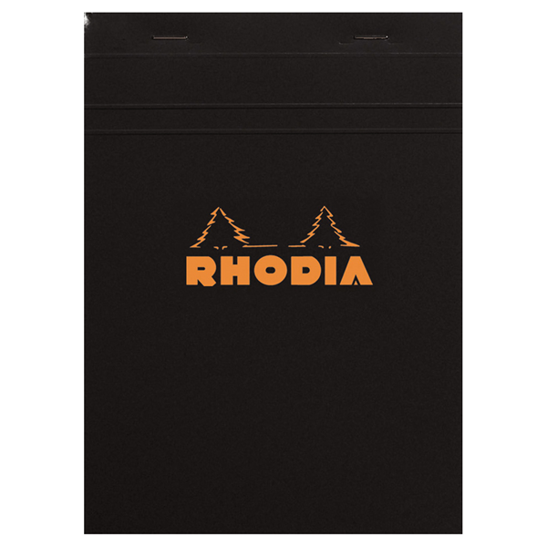 #13 top staplebound notepad with a black cover, from Rhodia. Measures 4 x 6" 80 Sheets (160 Pages) Available in Lined & Graph White Acid-Free Paper Paper Weight: 80 GSM