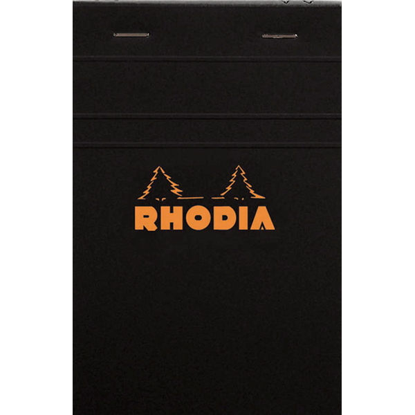 #14 top staplebound notepad with a black cover, from Rhodia. Measures 4 ⅜ x 6 ⅜" 80 Sheets (160 Pages) Available in Lined & Graph White Acid-Free Paper Paper Weight: 80 GSM