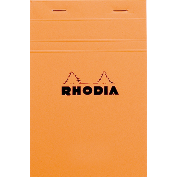 #14 top staplebound notepad with an orange cover, from Rhodia. Measures 4 ⅜ x 6 ⅜" 80 Sheets (160 Pages) Available in Lined & Graph White Acid-Free Paper Paper Weight: 80 GSM