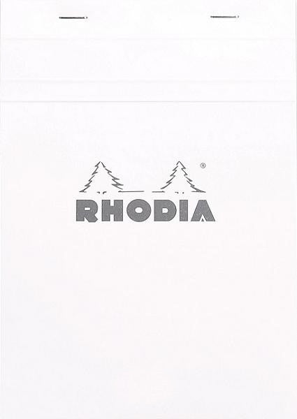 #16 top staplebound notepad with a white cover, from Rhodia. Measures 6 x 8 ¼" 80 Sheets (160 Pages) Available in Lined, Graph & Meeting White Acid-Free Paper Paper Weight: 80 GSM