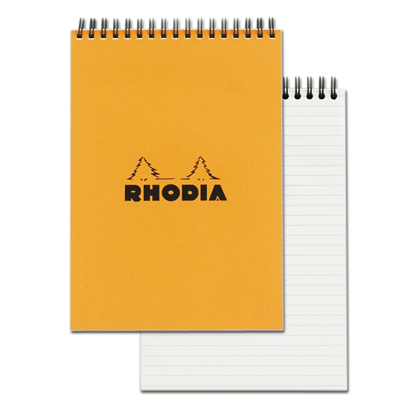 #16 top wirebound notepad with an orange cover, from Rhodia. Measures 6 x 8 ¼" 80 Sheets (160 Pages) Available in Lined, Dot & Graph White Acid-Free Paper Paper Weight: 80 GSM