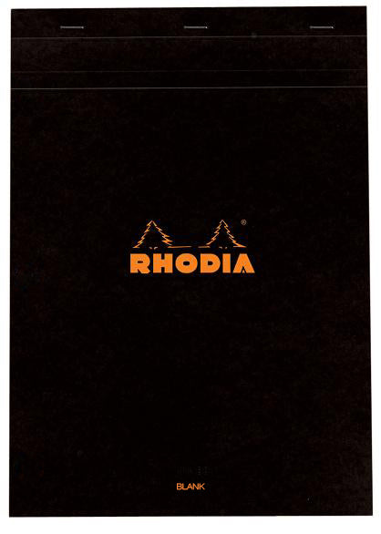 #18 top staplebound notepad with a black cover, from Rhodia. Measures 8 ¼ x 11 ¾" 80 Sheets (160 Pages) Available in Blank, Lined, Dot & Graph White Acid-Free Paper Paper Weight: 80 GSM