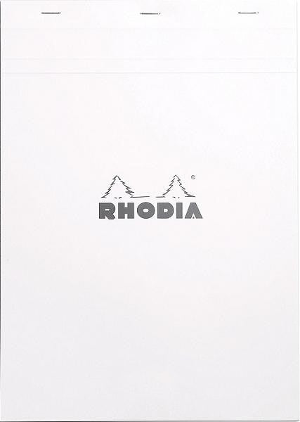 #18 top staplebound notepad with a white cover, from Rhodia. Measures 8 ¼ x 11 ¾" 80 Sheets (160 Pages) Available in Lined & Graph White Acid-Free Paper Paper Weight: 80 GSM