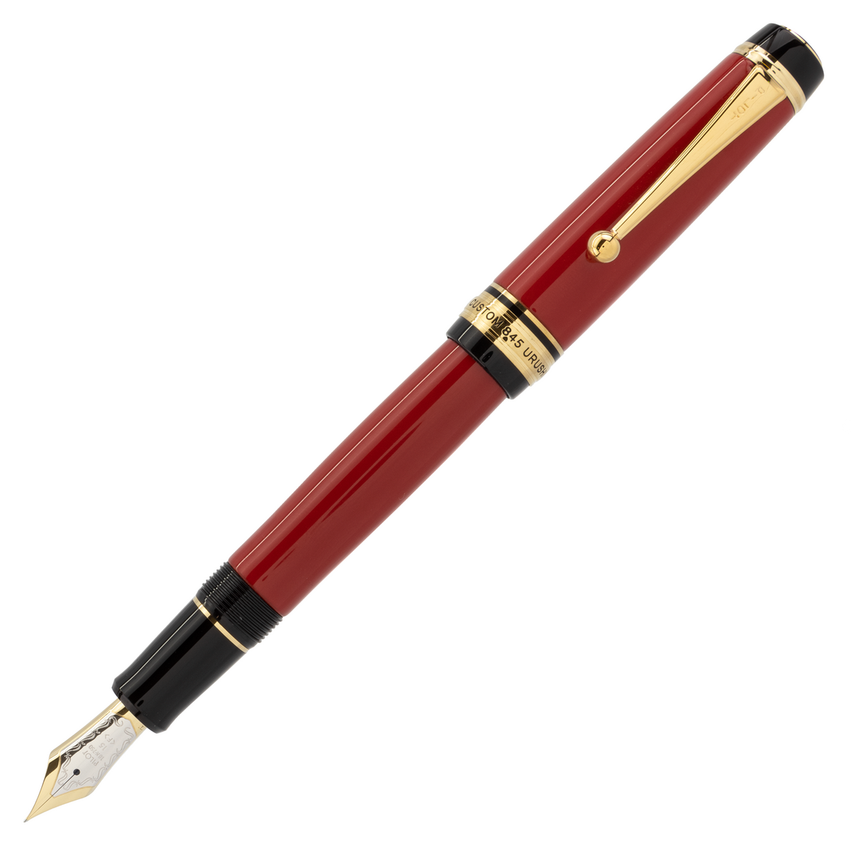 Each pen barrel in this 845 is skillfully lacquered, cured, and polished three times to create an exquisite, ebonite finish, finished off with gold trim. Two-toned, 18-karat gold/rhodium Fine/Medium Nib. Nib #15 Uses Pilot cartridges or included CON-70 converter. 1.5 ounce weight. 6" capped, 5.5" uncapped, posting is not recommended.