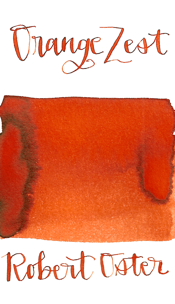 Robert Oster Orange Zest is a bright red-orange fountain pen ink with medium shading and low orange sheen.
