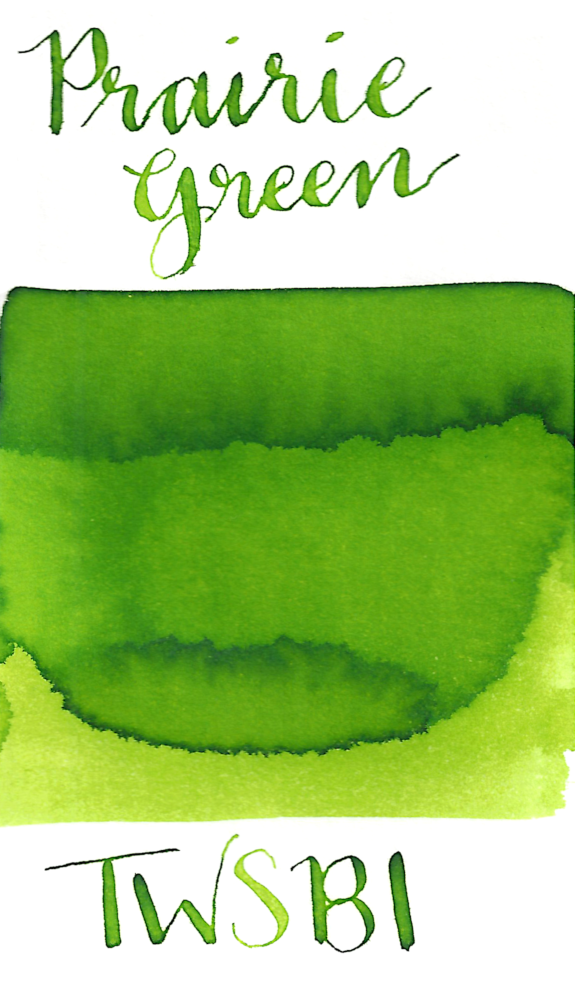 TWSBI Prairie Green is a bright lime green fountain pen ink with low shading. It dries in 20 seconds in a medium nib on Rhodia paper and has an average flow. TWSBI is based in Taiwan and the ink is produced in China.