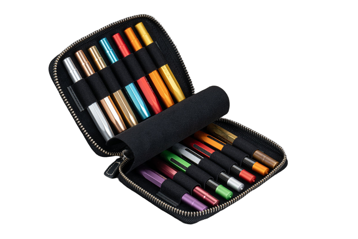 Galen Leather Co. Zippered Collector Pen Case for 14 Kawecos - Crazy Horse Graphite