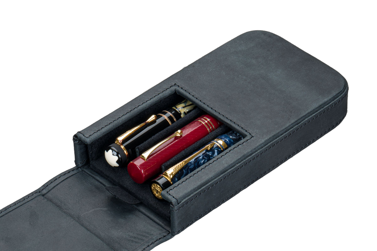 Galen Leather Co. Flap Magnum Opus 3 Slot Hard Pen Case - Crazy Horse Graphite