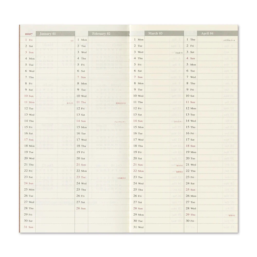TRAVELER'S COMPANY Vertical Size Diary 2027 - Weekly