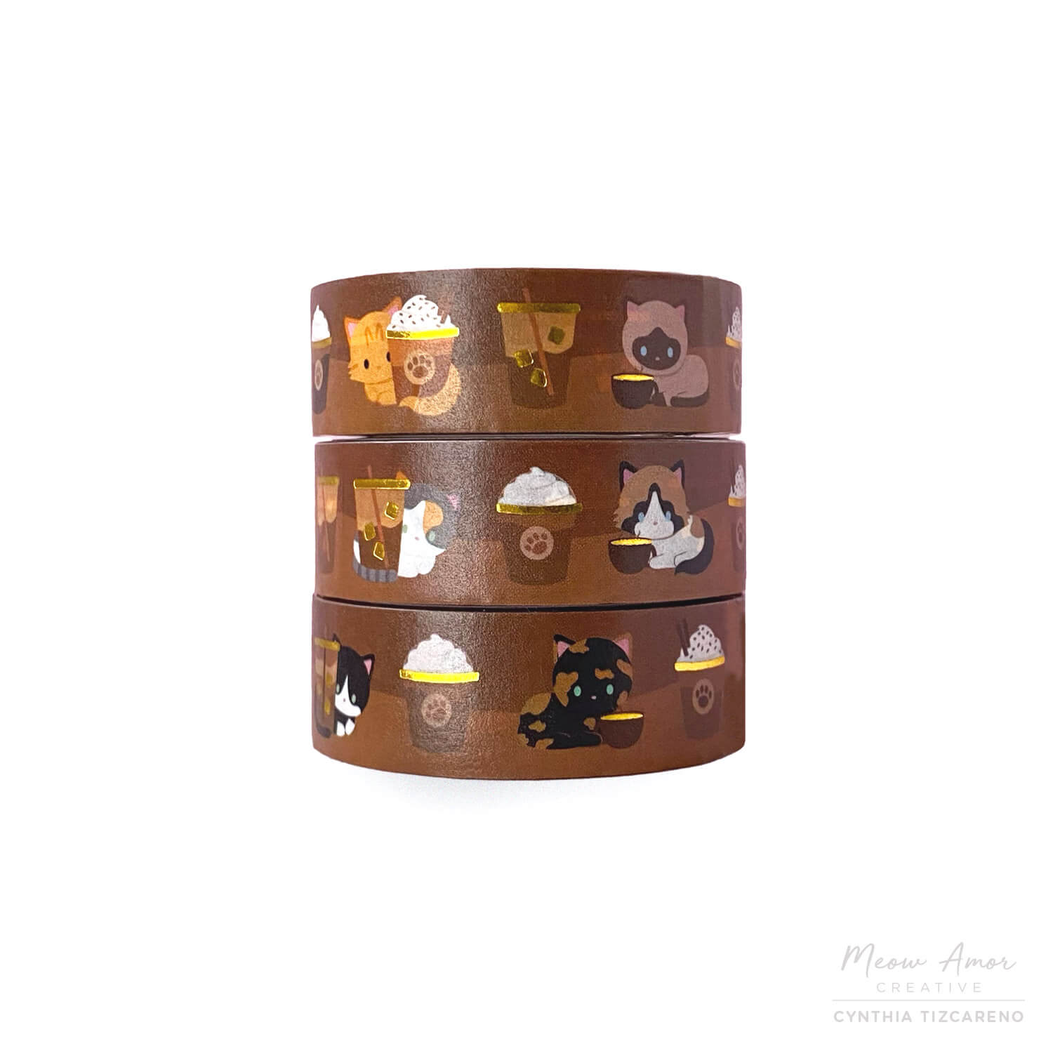 Meow Amor Creative Washi Tape - Coffee Cats Gold Foil