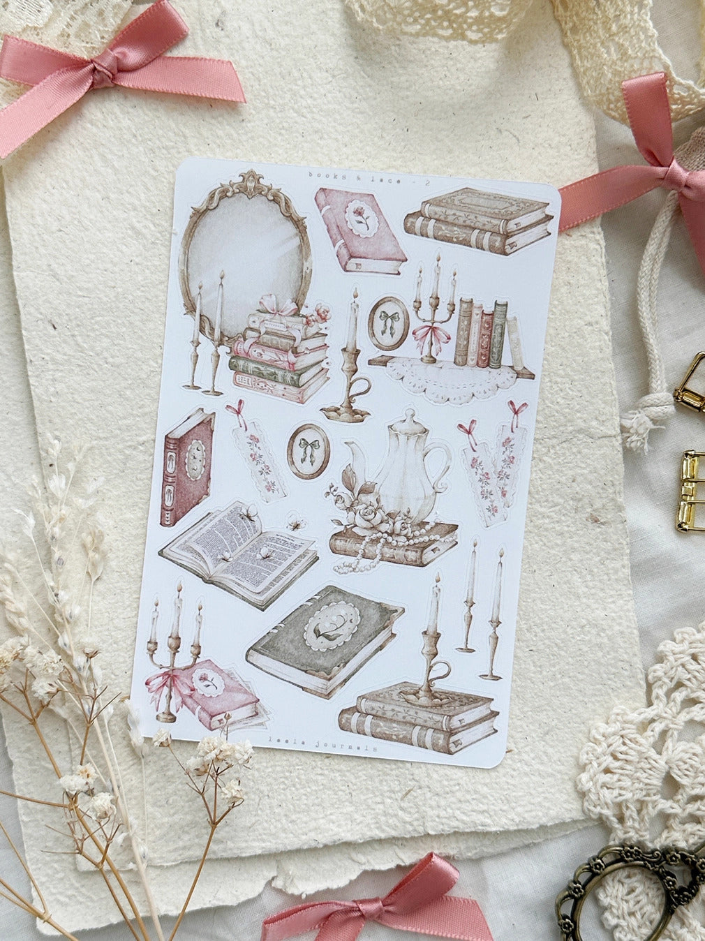 Leelajournals Sticker Sheet - Books & Lace