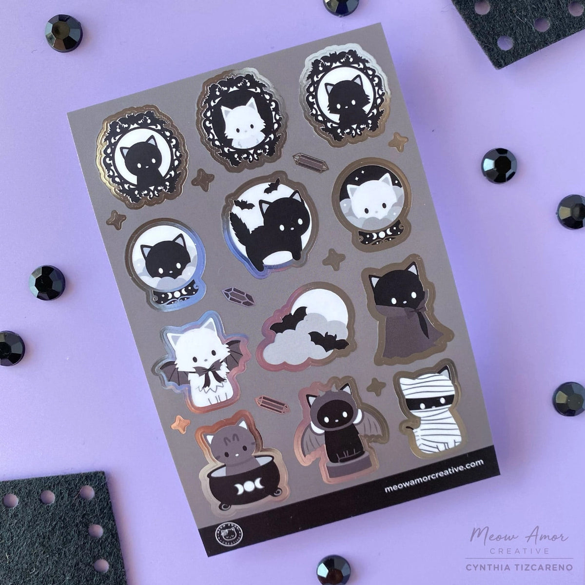 Meow Amor Creative Sticker Sheet - Gothic Halloween Cats Silver Foil