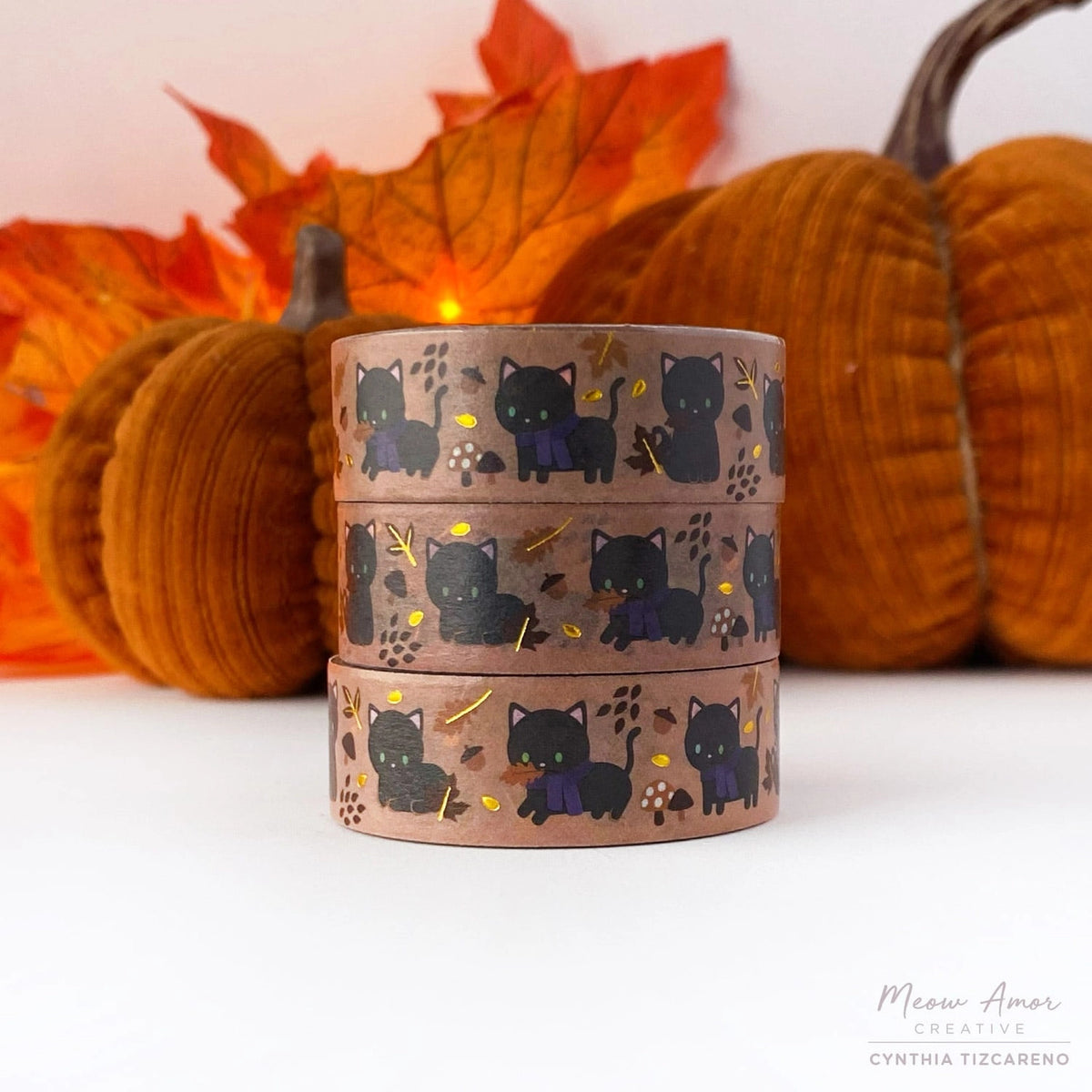 Meow Amor Creative Washi Tape - Autumn Black Cat Gold Foil