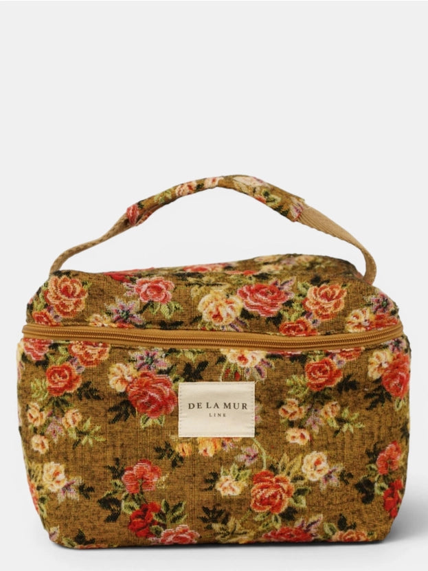 De La Mur Line US Inc. - Floral Jacquard Large Squared Makeup Bag - Mustard & Red