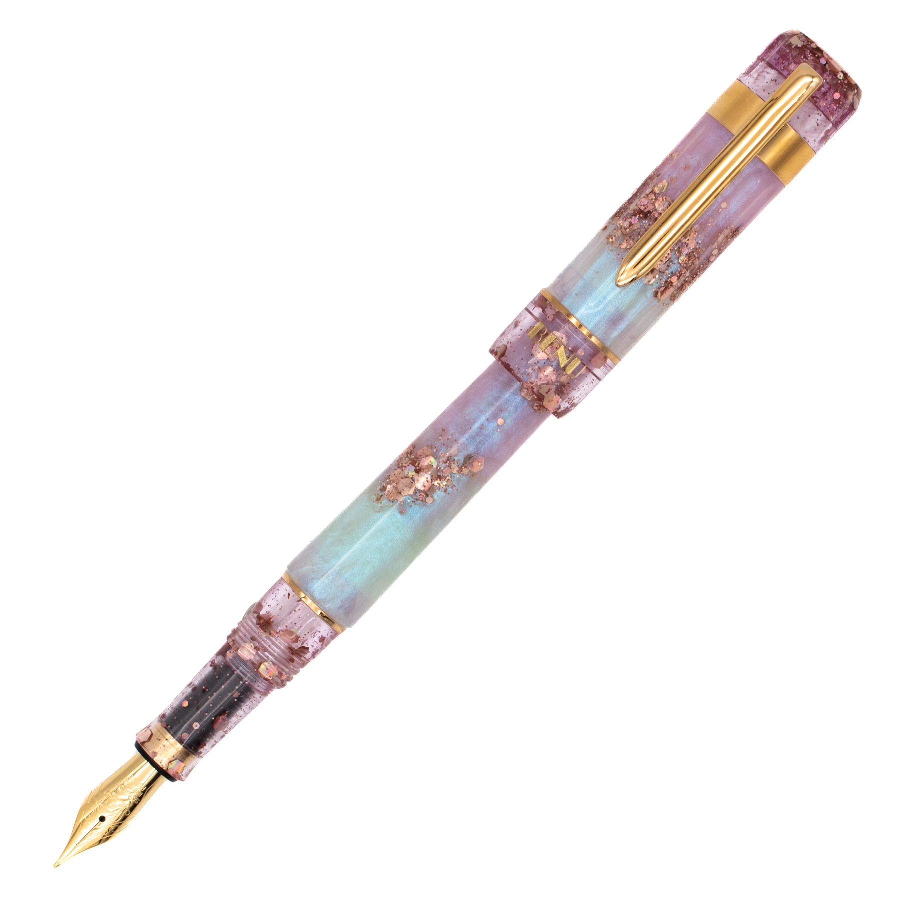 A translucent light blue and magenta pearly shimmer with chunky rose gold accents and gold trim with the cap posted on the barrel. The logo 'Benu' is engraved in gold on the bottom of the cap. The nib is gold with an ornate design engraving.