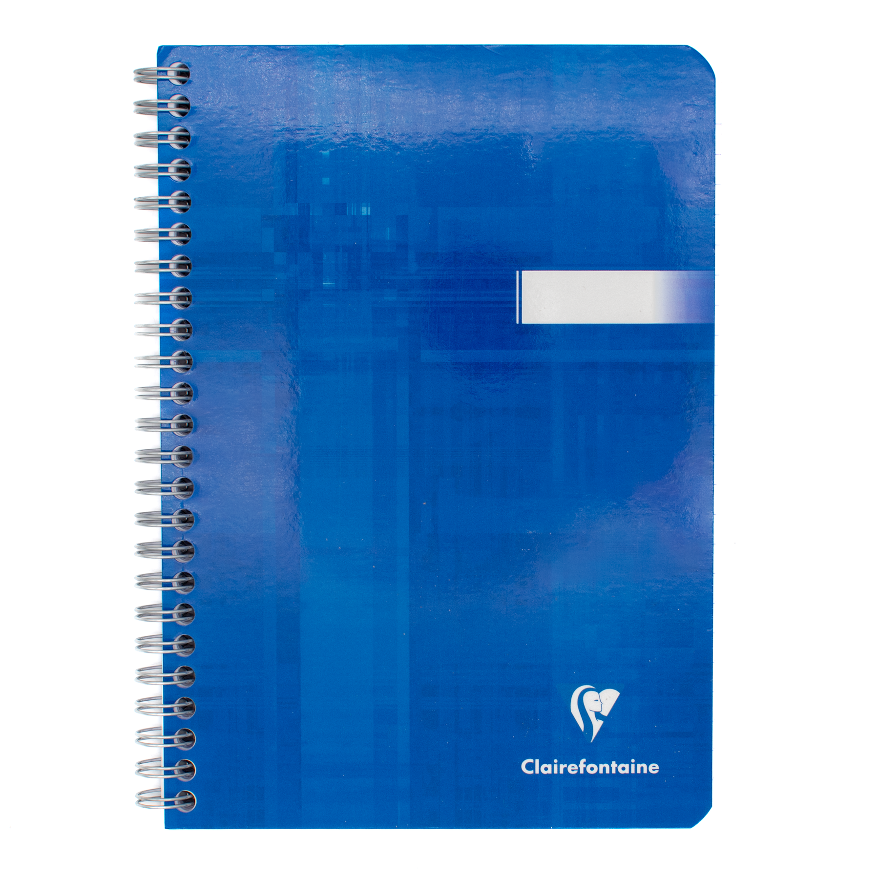 A blue spiral-bound notebook with a glossy finish, featuring a white horizontal slot on the front cover and the Clairefontaine logo in the bottom right corner, set against a plain white background.