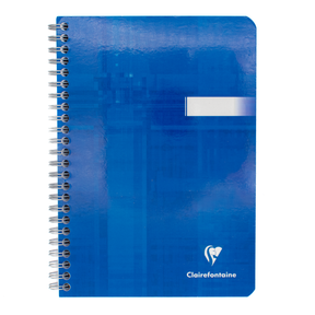 A blue spiral-bound notebook with a glossy finish, featuring a white horizontal slot on the front cover and the Clairefontaine logo in the bottom right corner, set against a plain white background.