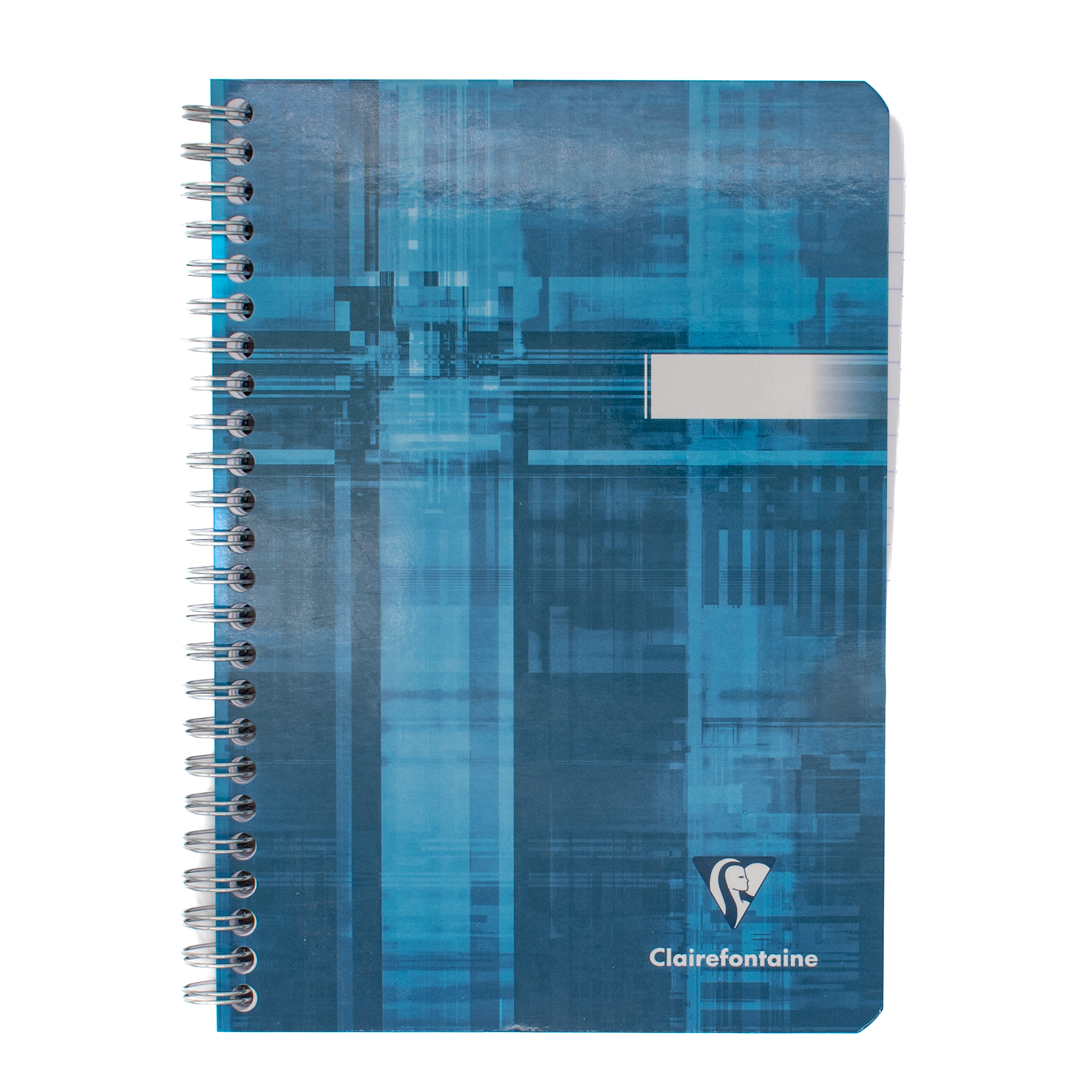 A light blue spiral-bound notebook with a glossy finish, featuring a white horizontal slot on the front cover and the Clairefontaine logo in the bottom right corner, set against a plain white background.