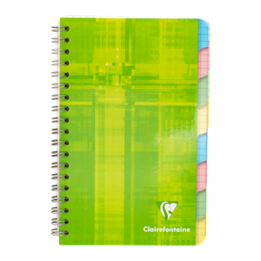 A spiral-bound notebook with a green cover featuring 8 index tabs that are graph lined and the Clairefontaine logo near the bottom. The right edge shows colorful page dividers in pastel shades of pink, yellow, green, and blue.