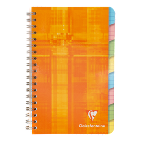 A spiral-bound notebook with an orange cover featuring 8 index tabs that are graph lined and the Clairefontaine logo near the bottom. The right edge shows colorful page dividers in pastel shades of pink, yellow, green, and blue.