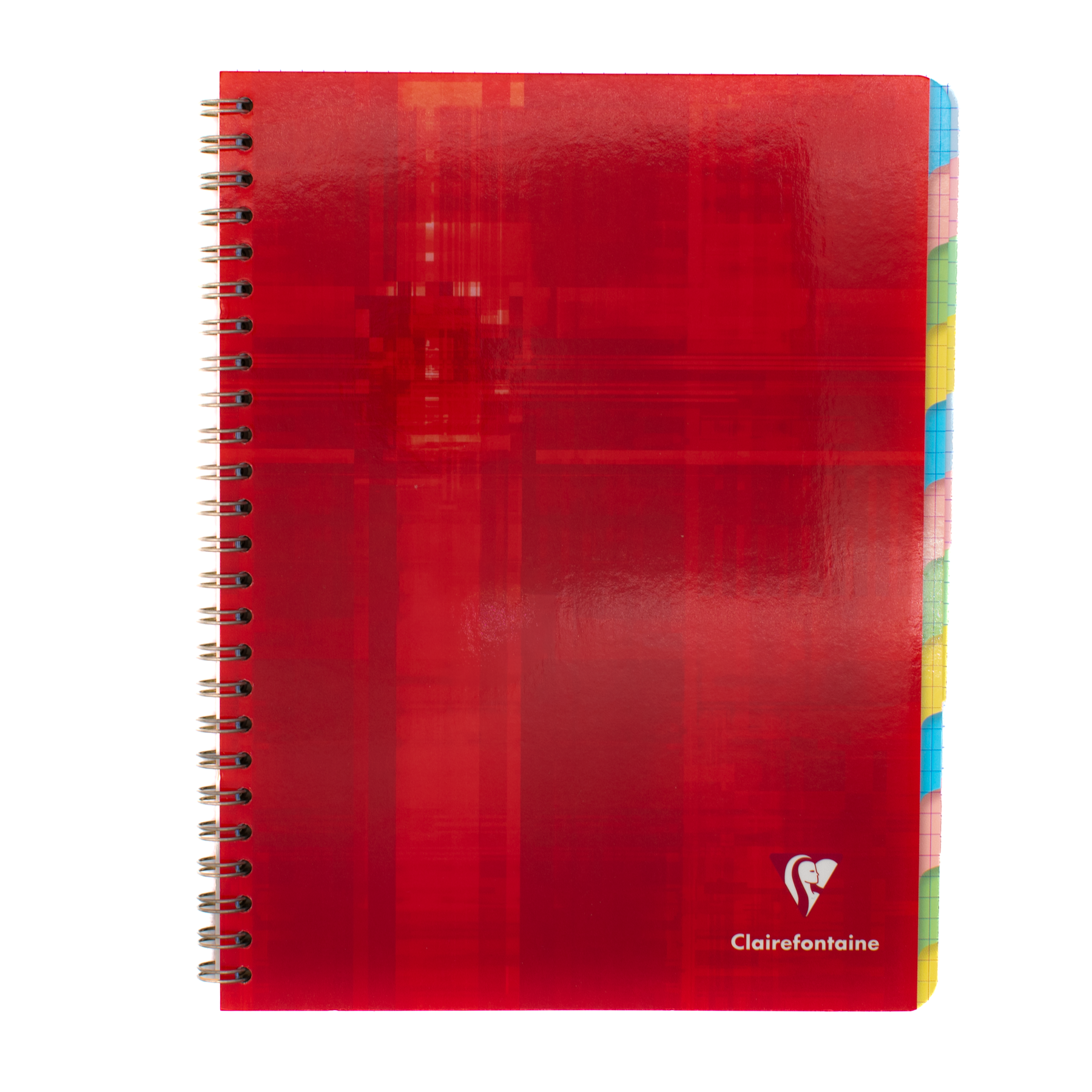 A glossy red side wire-bound multisubject graph-lined notebook with 12 index tabs on a white background.