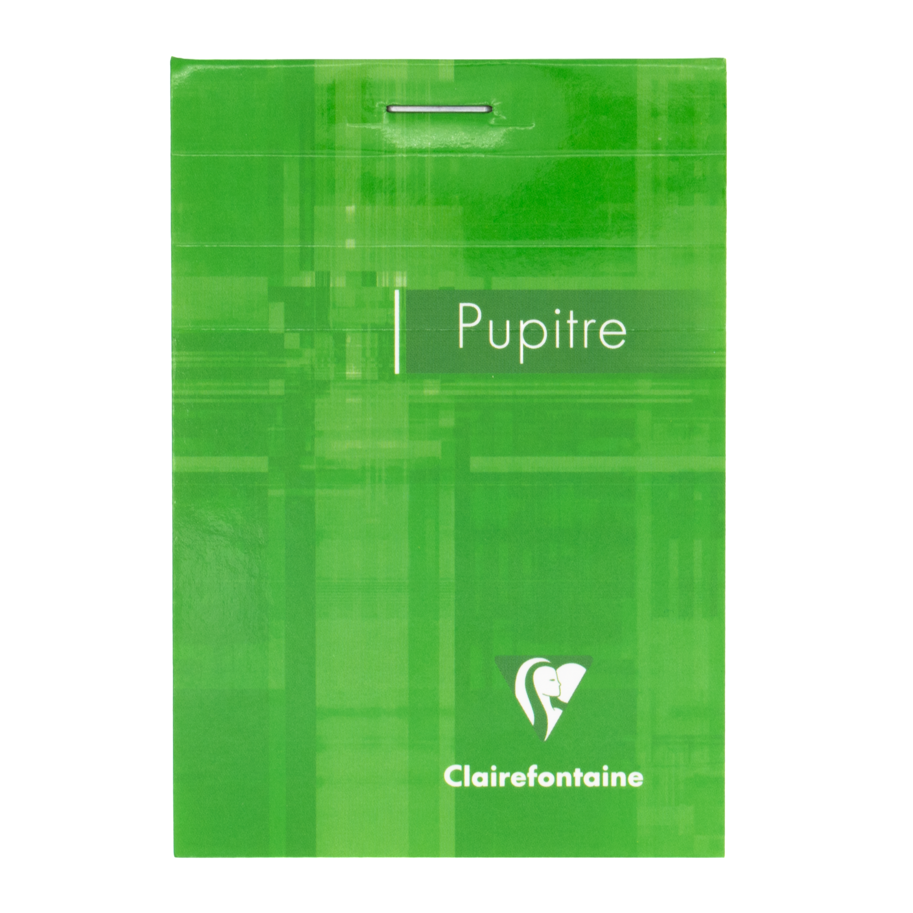 A green top staple bound notepad with the text 'Pupitre' and the Clairefontaine logo in the bottom right corner on a white background.
