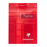 A red top staple bound notepad with the text 'Pupitre' and the Clairefontaine logo in the bottom right corner on a white background.