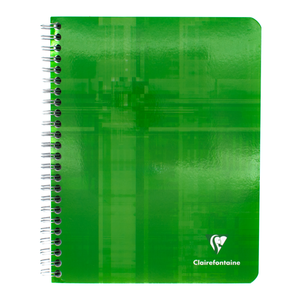 A green spiral-bound notebook with a glossy abstract design featuring the Clairefontaine logo in the bottom right corner on a white background.