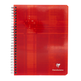 A red spiral-bound notebook with a glossy abstract design featuring the Clairefontaine logo in the bottom right corner on a white background.