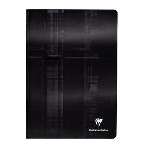 A black side staple bound notebook with the Clairefontaine logo located in the bottom right corner on a white background.