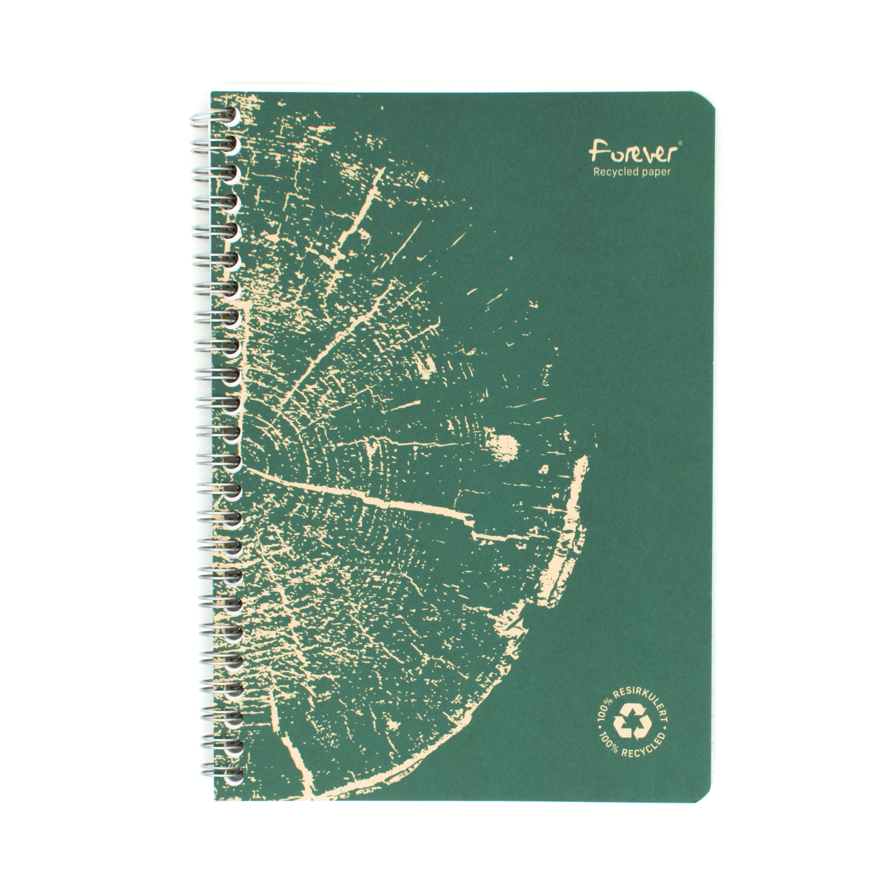 A green spiral-bound notebook made from recycled paper, featuring a distressed tree trunk pattern on the cover, with the name 'Forever' printed in the top right corner and a '100% recycled' logo in the bottom right corner.