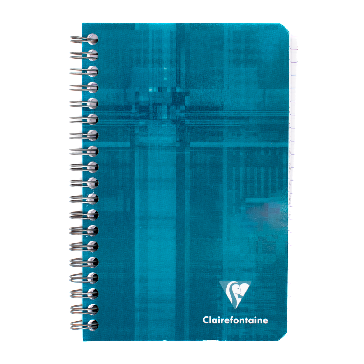 A turquoise side wire bound notebook with the Clairefontaine logo located on the bottom right of the cover.