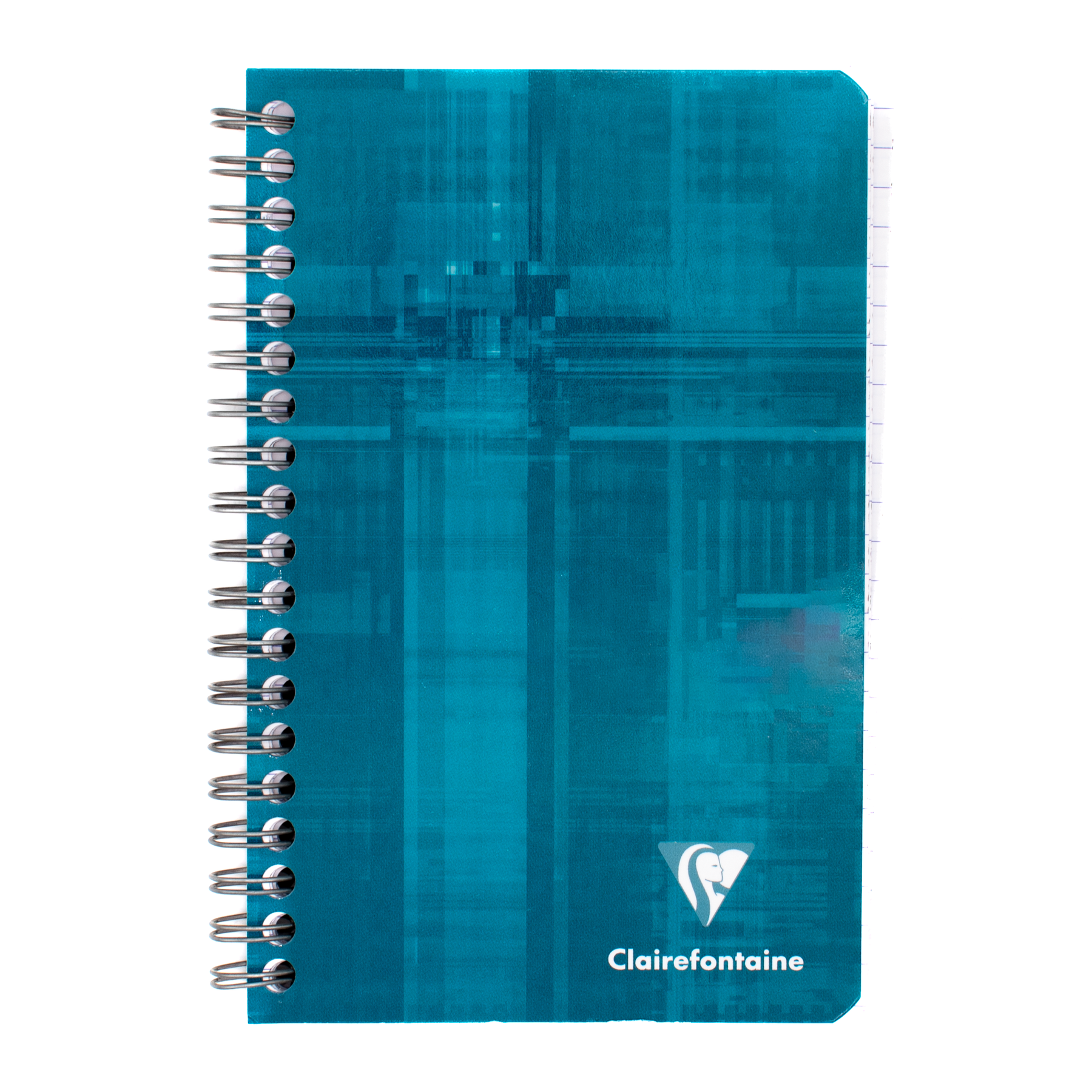 A turquoise side wire bound notebook with the Clairefontaine logo located on the bottom right of the cover.