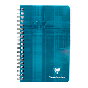 A turquoise side wire bound notebook with the Clairefontaine logo located on the bottom right of the cover.